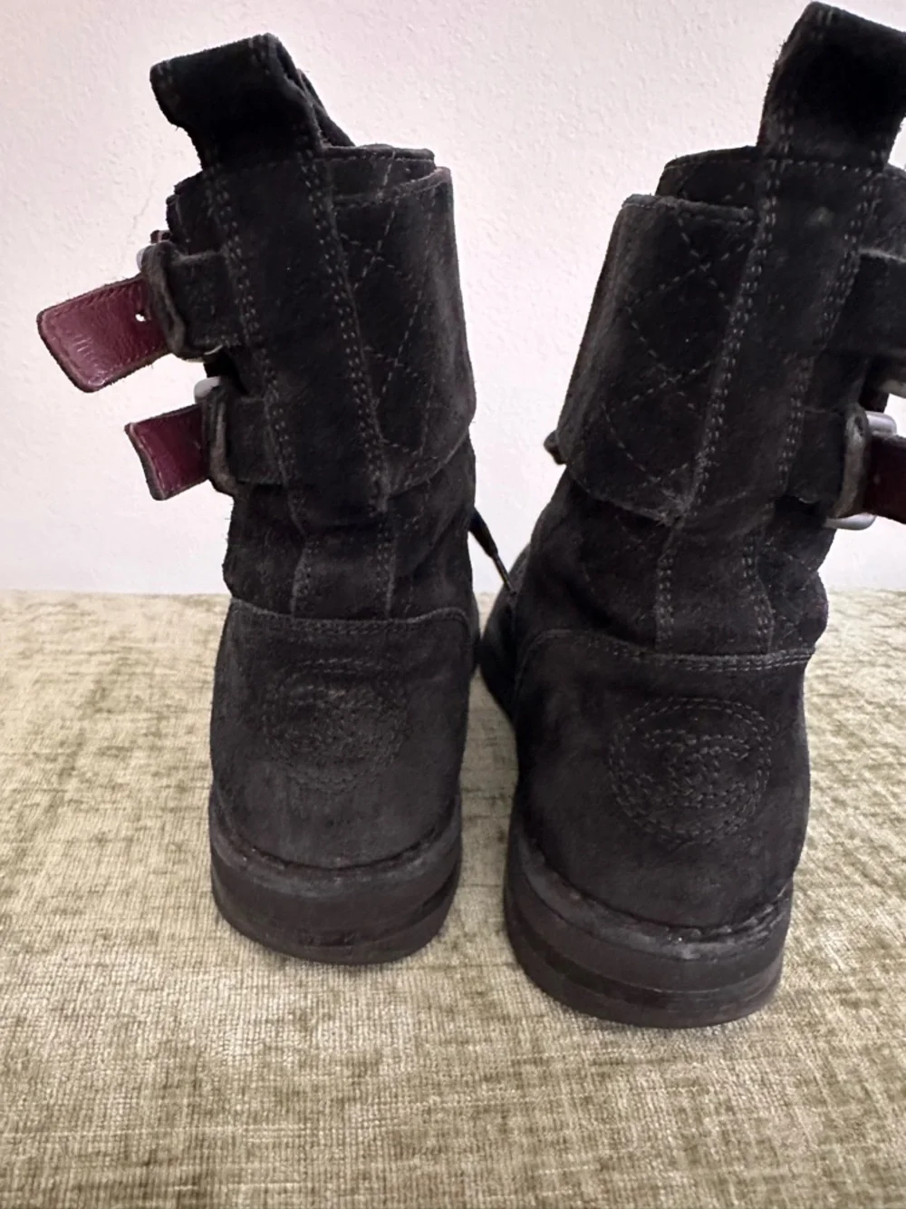 CHANEL Quilted Black Suede Lace Up Combat Flat Moto Short Boots Shoes size 37.5